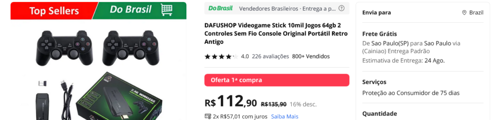 DAFUSHOP Videogame Stick 10mil Jogos 64gb 2 Controles Sem Fio